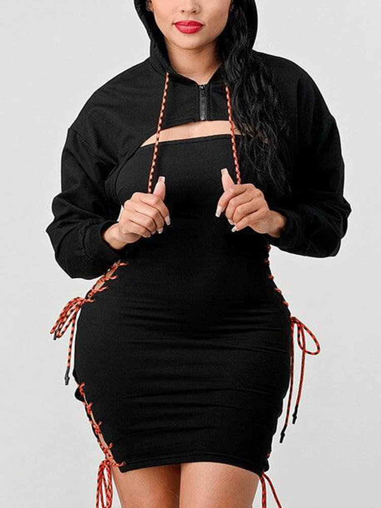 Women's Long Sleeve Hoddie Drawstring Mini Dress