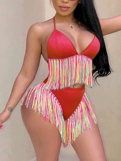 Multicolor Fringe Halter Bikini