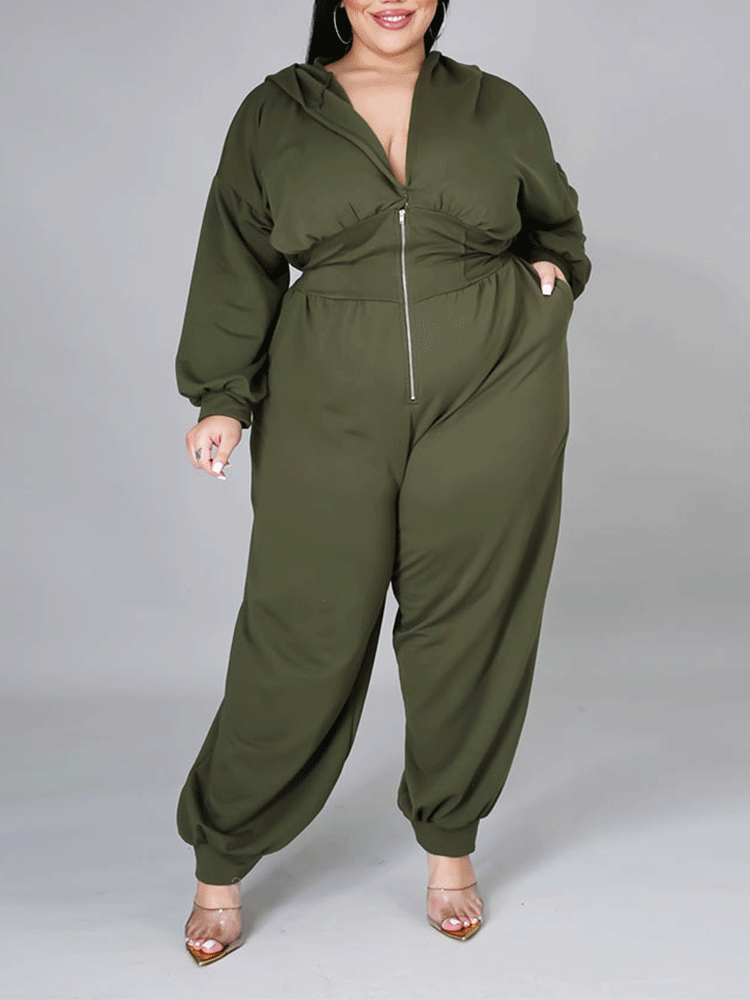 Zipper Solid Hoodie Jumpsuit