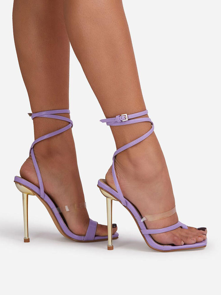 Square Toe Ankle Strap Metallic Heels