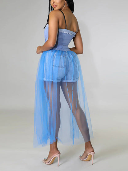 Denim Tulle Top