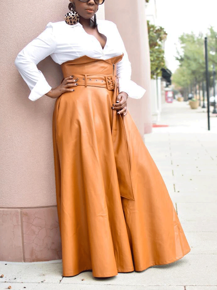 Irregular PU Belted Skirt