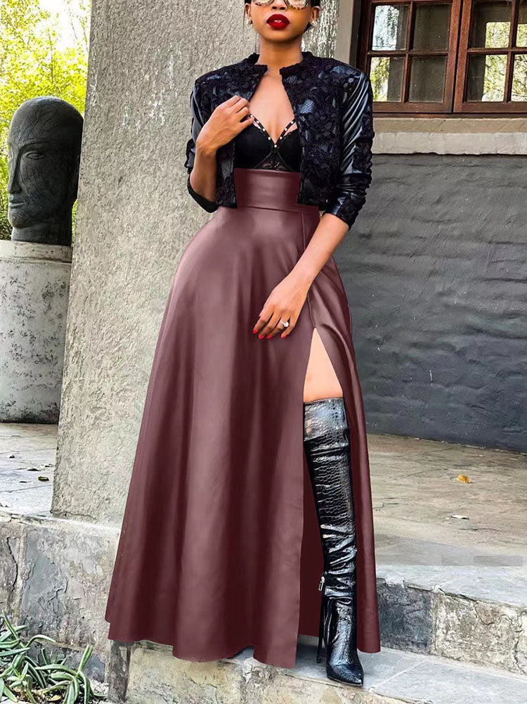 Vintage Leather Side Split Maxi Skirt