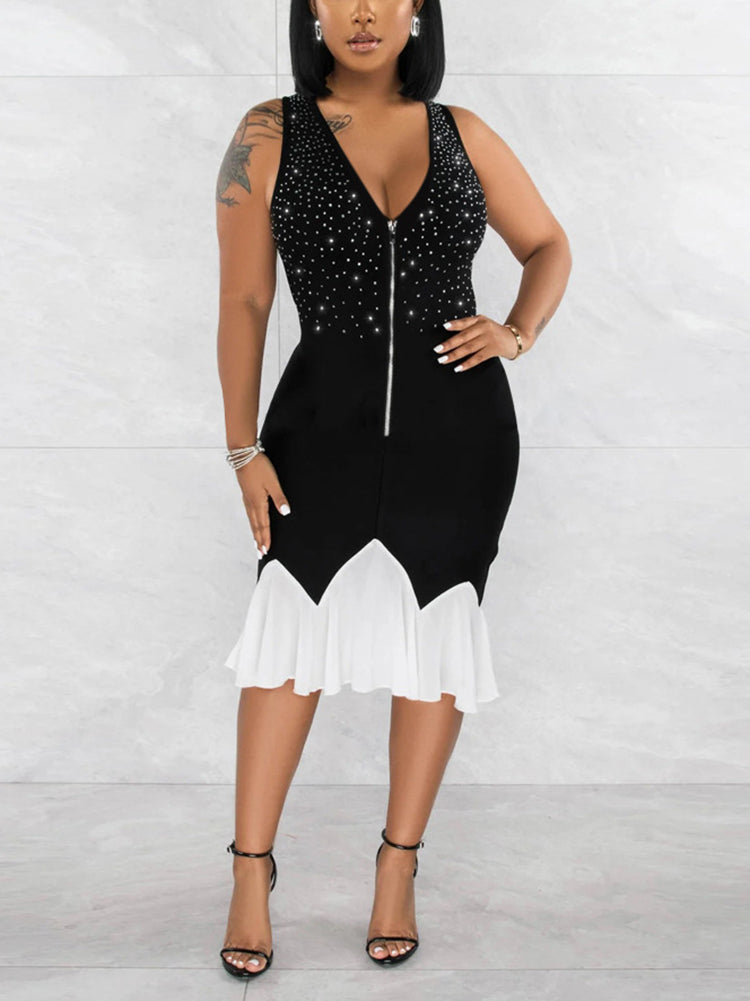 Women's Rhinestones Ruffle Hem Dress