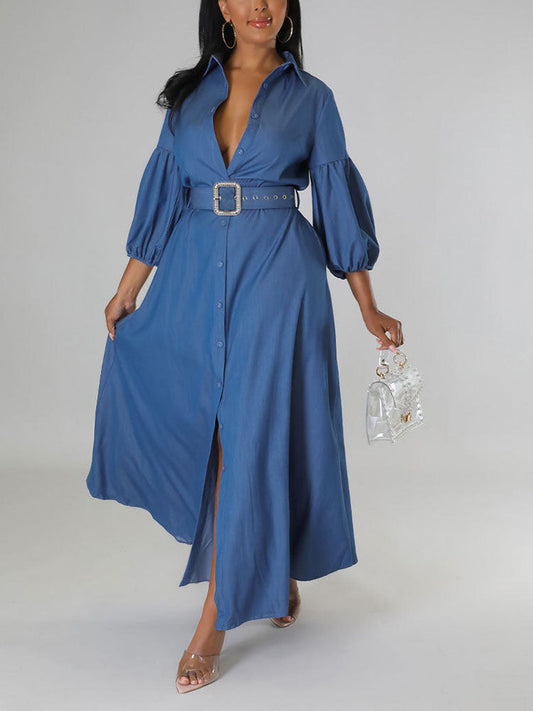 Lantern Sleeve Belted Shirt Dress