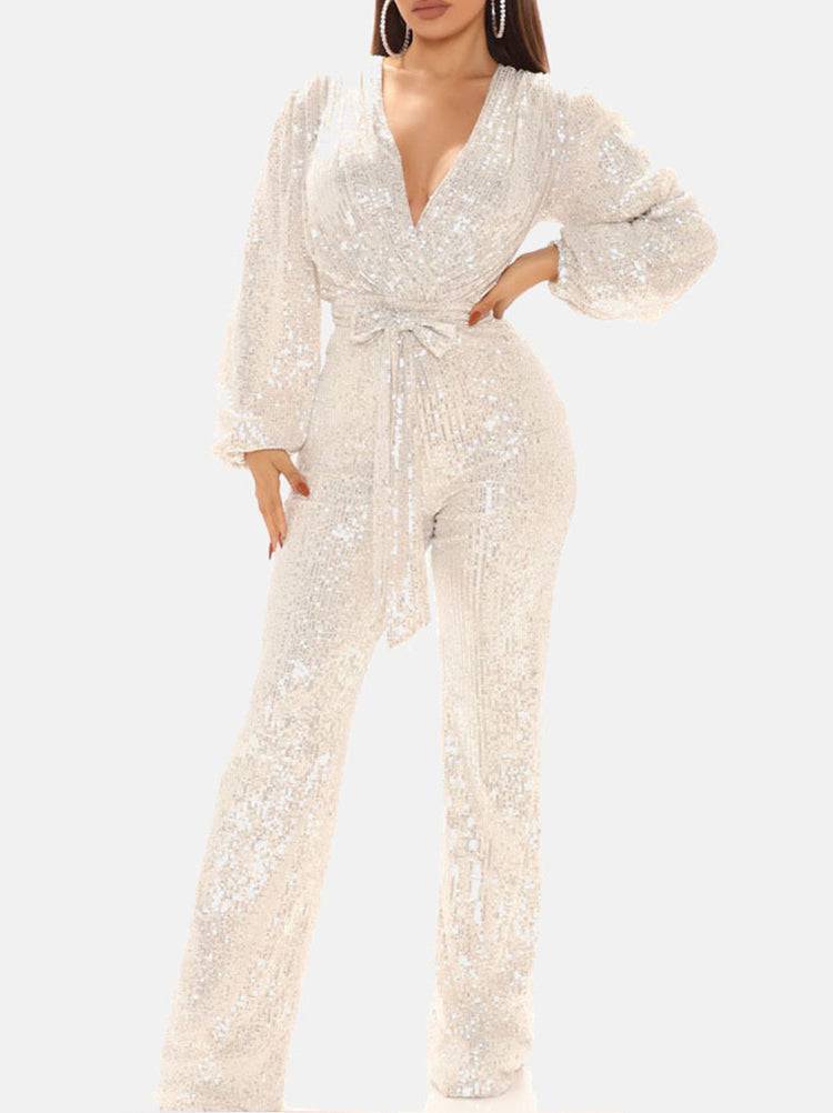 Women's Sequin Long Sleeve V Neck Jumpsuit