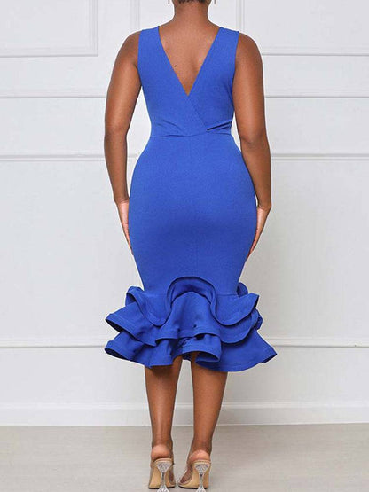 Women's Ruffled Trim Bodycon Midi Dress