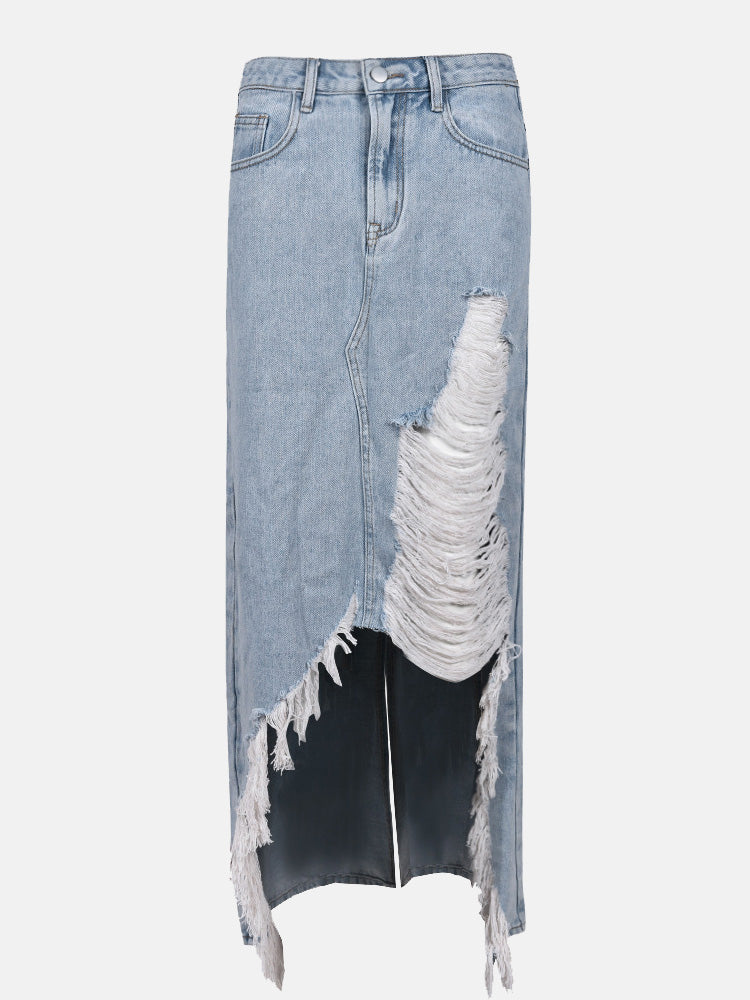 Denim Ripped Slit Tassels Skirt