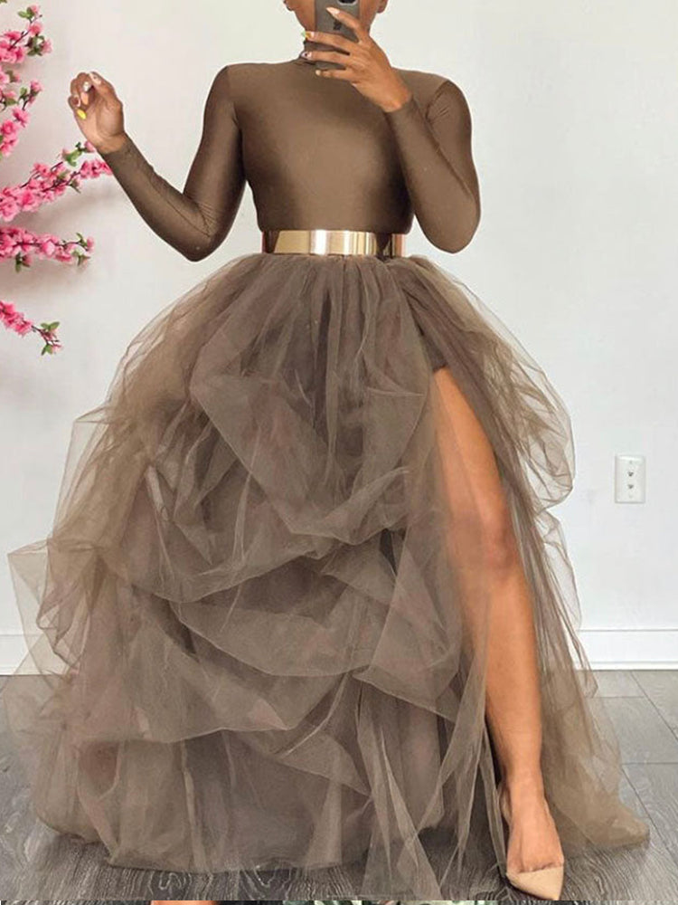 Women's High Waisted Slit Tulle Skirt