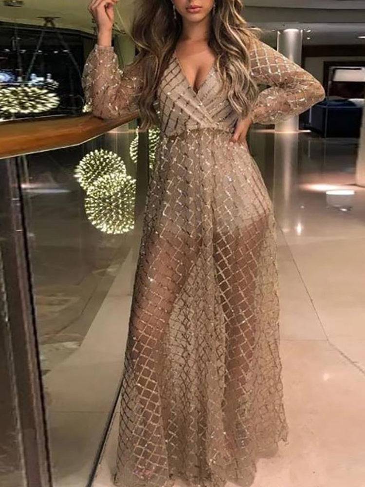 Women's Sequin Mesh V Neck Maxi Dress