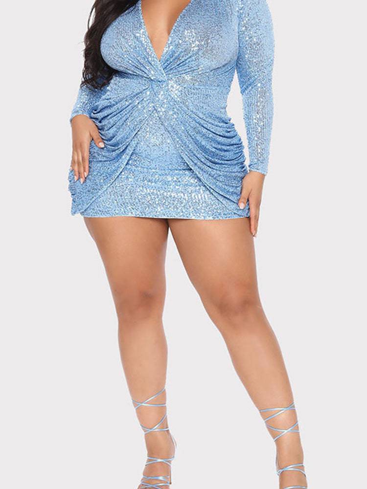 Women's V Neck Long Sleeved Twist Sequin Dress