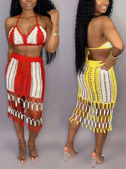 Color Block Crochet Halter Beach Skirt Set