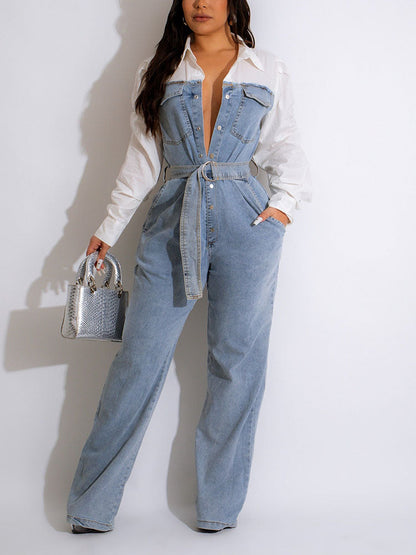 Shirt Denim Splice Jumpsuit