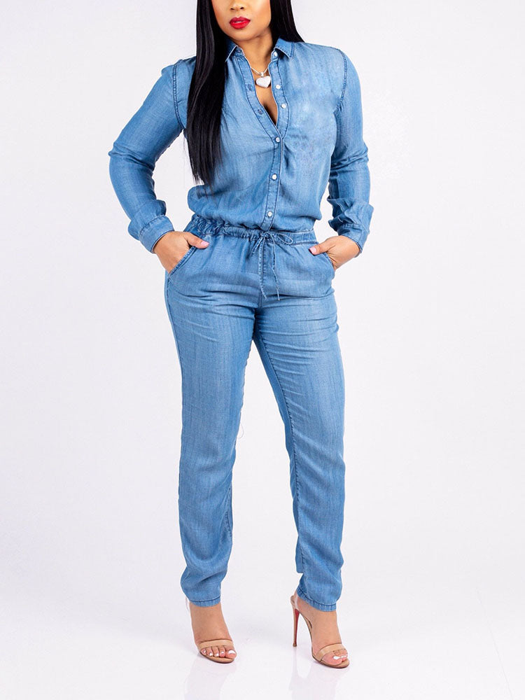 Drawstring Denim Jumpsuit