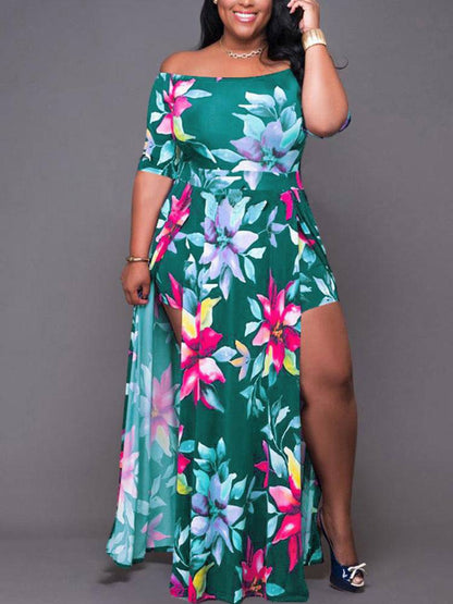 Women's Floral Print Cold Shoulder Slit Dress