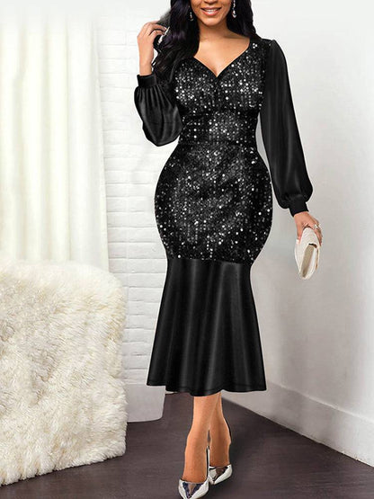 Women's V-Neck Sequined Fishtail Evening Dress