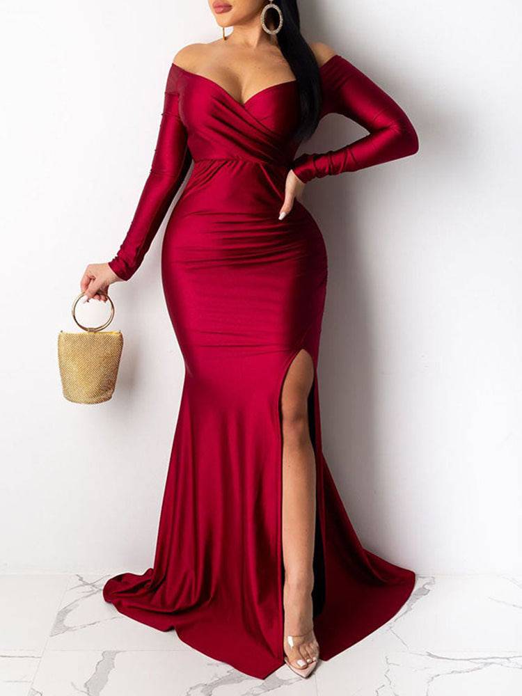 Women's High Waist V-Neck Maxi Dress