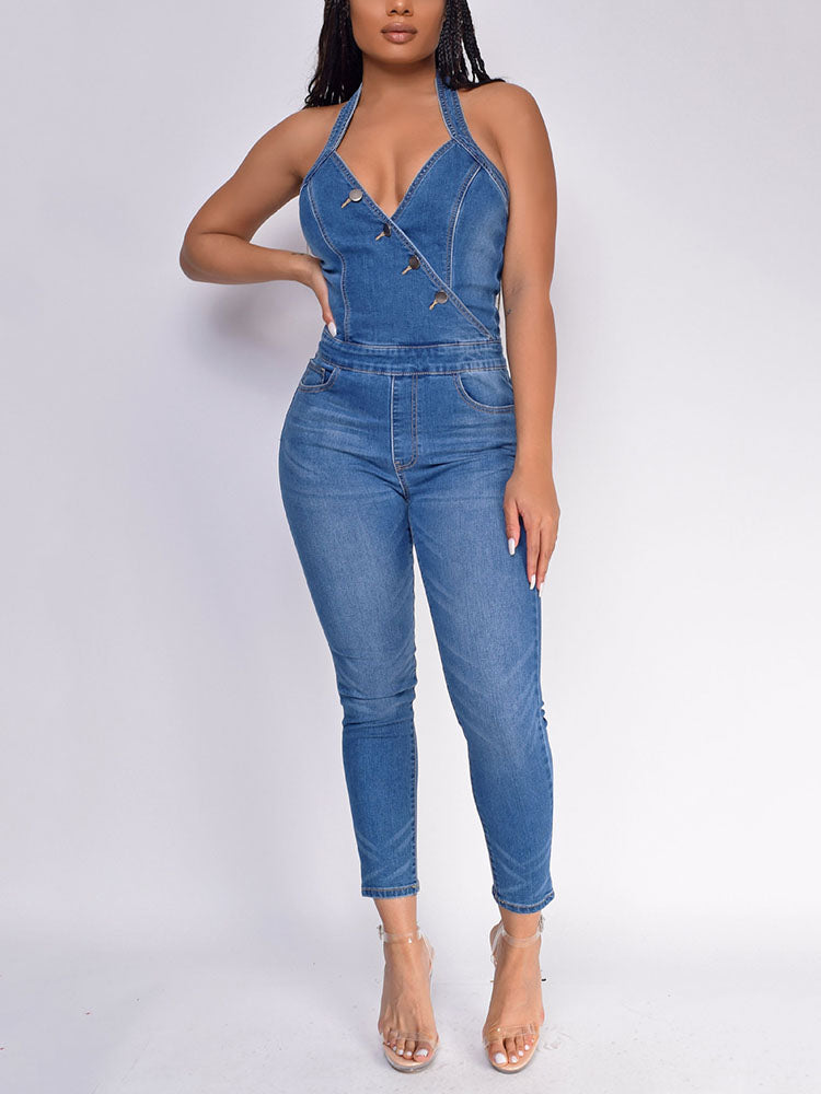 Denim Halter Sleeveless Skinny Jumpsuit