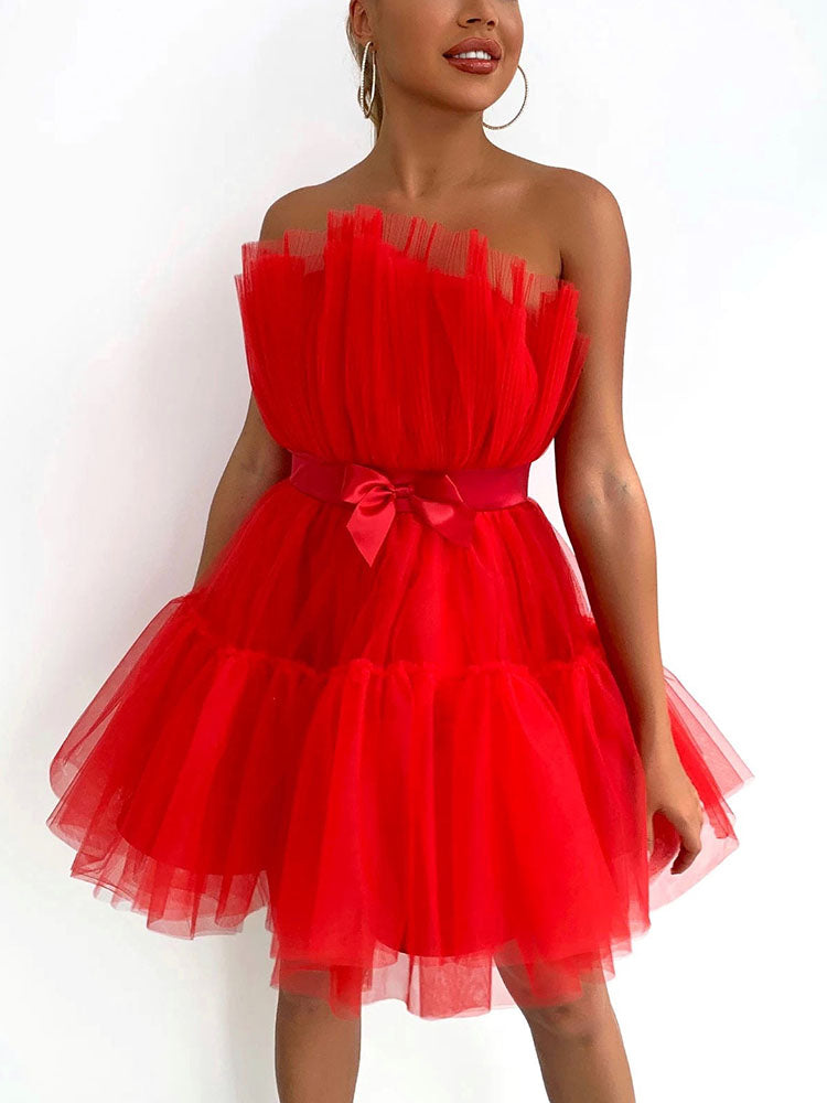 Women's Bow Decor Layered Tulle Cocktail Dress