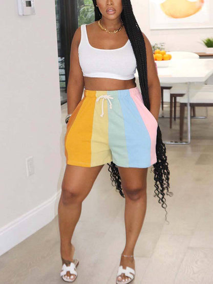 Women's Printed Rainbow Elastic Drawstring Shorts