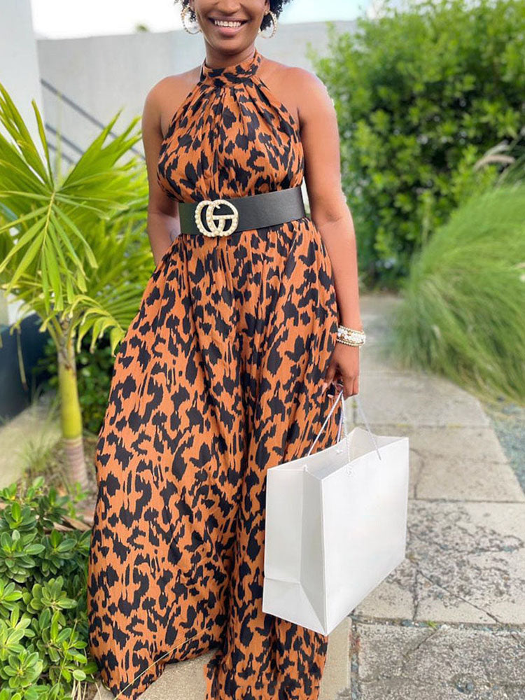 Leopard Halter Backless Jumpsuit