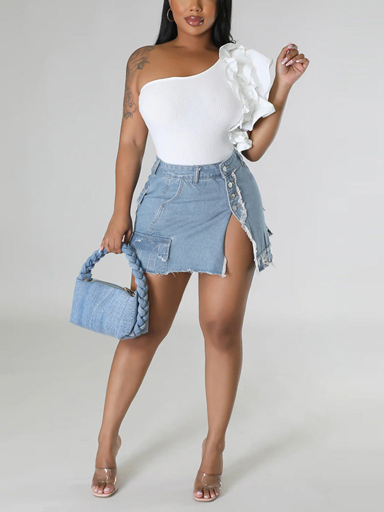 Denim Pockets Slit Skirt