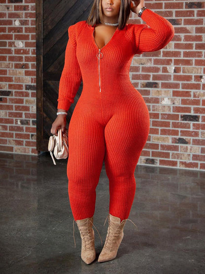 Knitted Padded Shoulder Hooded Jumpsuit