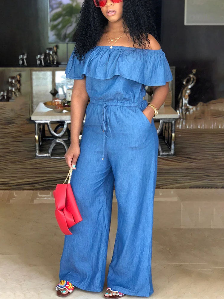 Off Shoulder Ruffle Wide Leg Jumpsuit