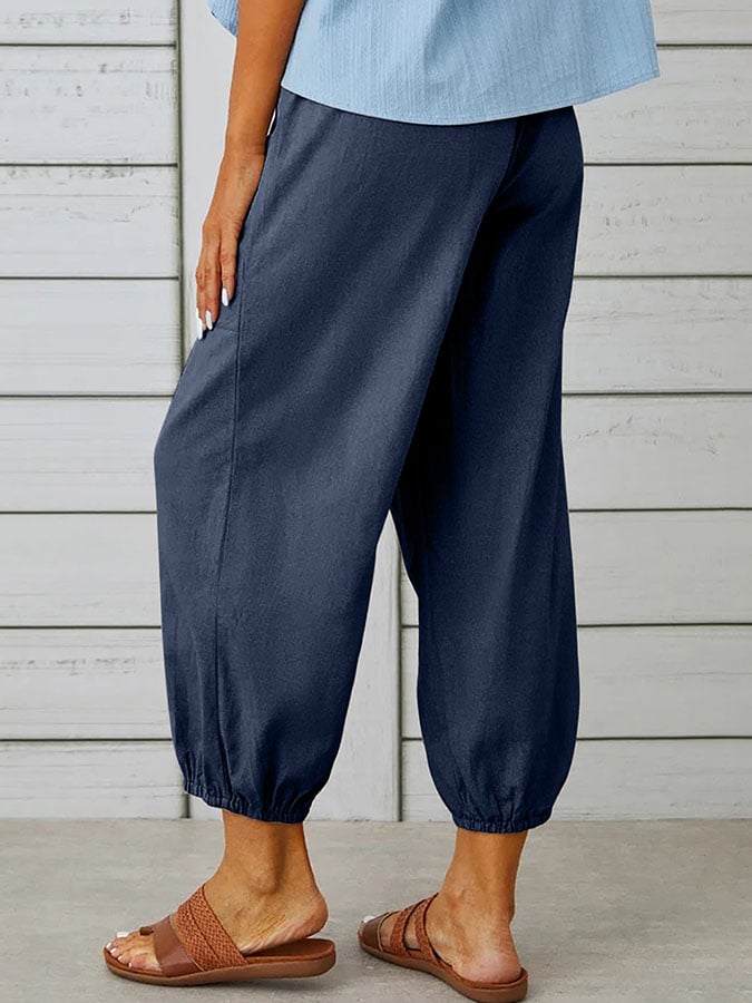 Women's Solid Color Casual With Pocket Buttons Cotton Linen Trousers