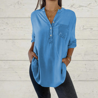 Women's Sequin Patchwork V-neck Shirt