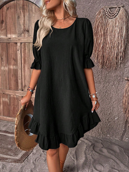 Solid Puff Sleeve Ruffle Hem Smock Dress