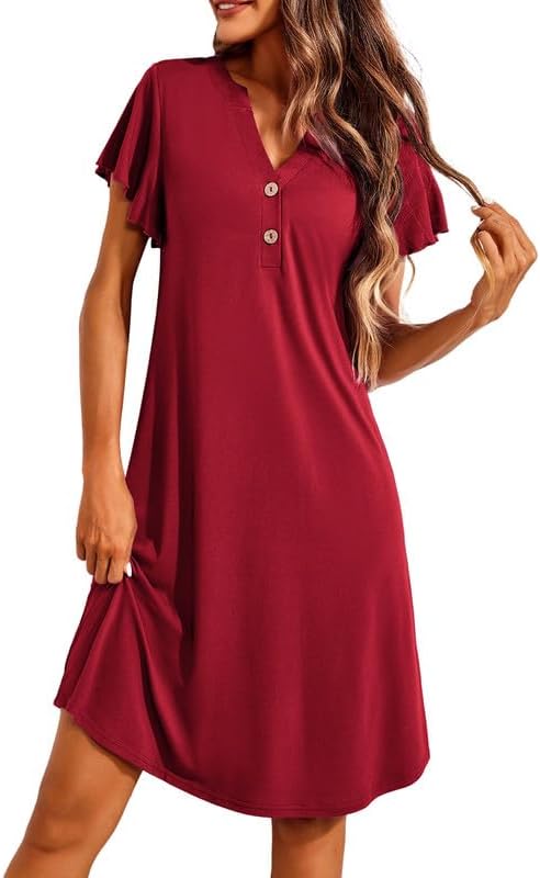 Women's Nightgown Short Sleeve Sleepshirt V-Neck Sleepwear Soft Nightshirt Pajama Dress