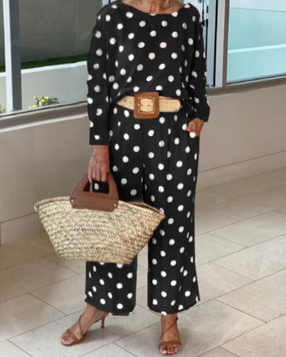 Polka dot long sleeve top wide leg pants set