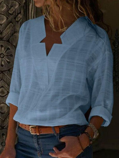 V-neck long sleeve solid color shirt