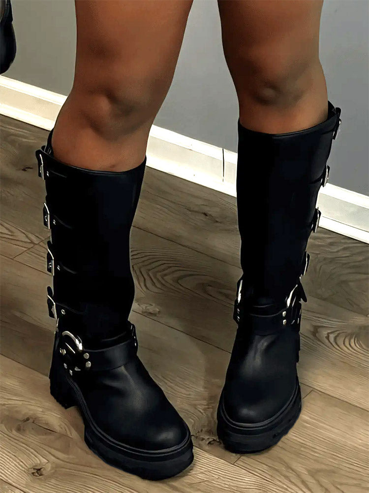 Buckle Leather Chunky Heel Boots