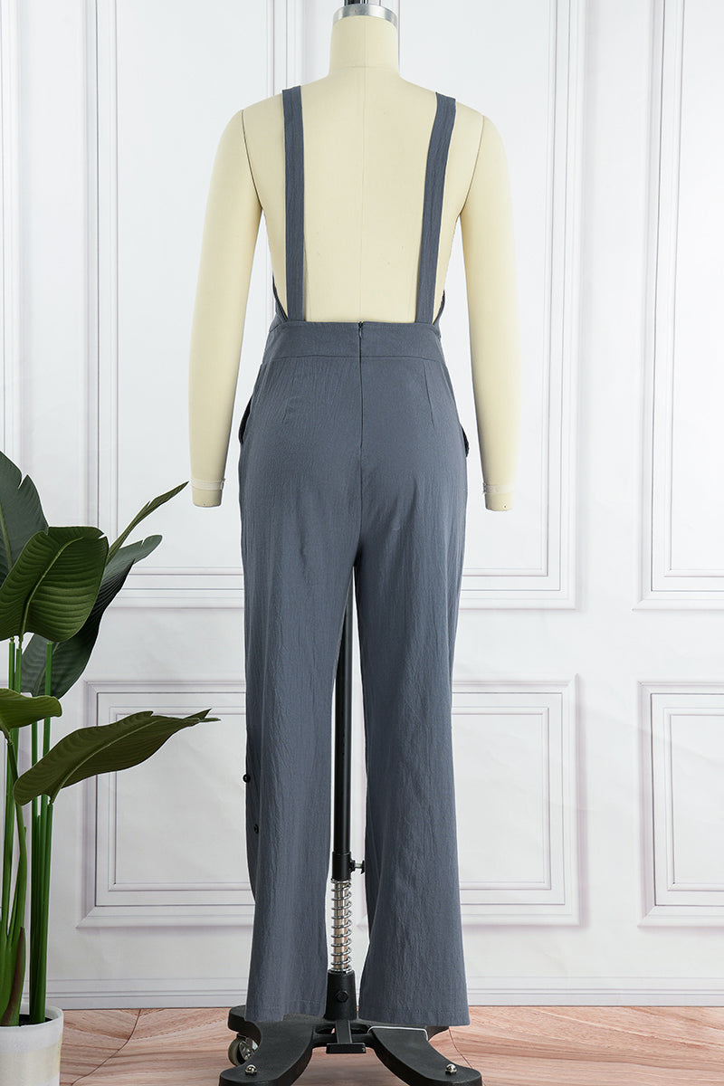 Casual Solid Buckle Square Collar Regular Jumpsuits