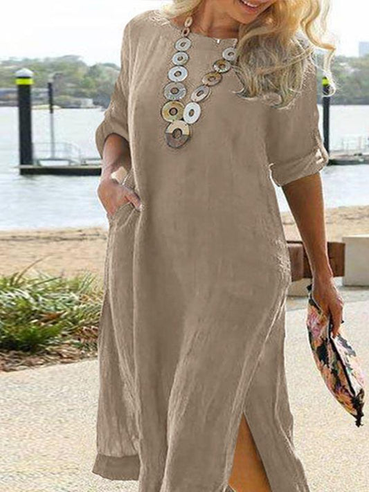 Casual Vintage Long Shirt Dress with Long Sleeves and Long Slit Skirt