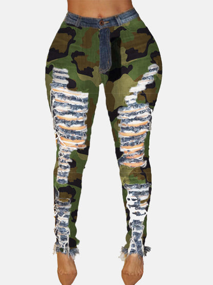 Ripped Camouflage Printed Jeans