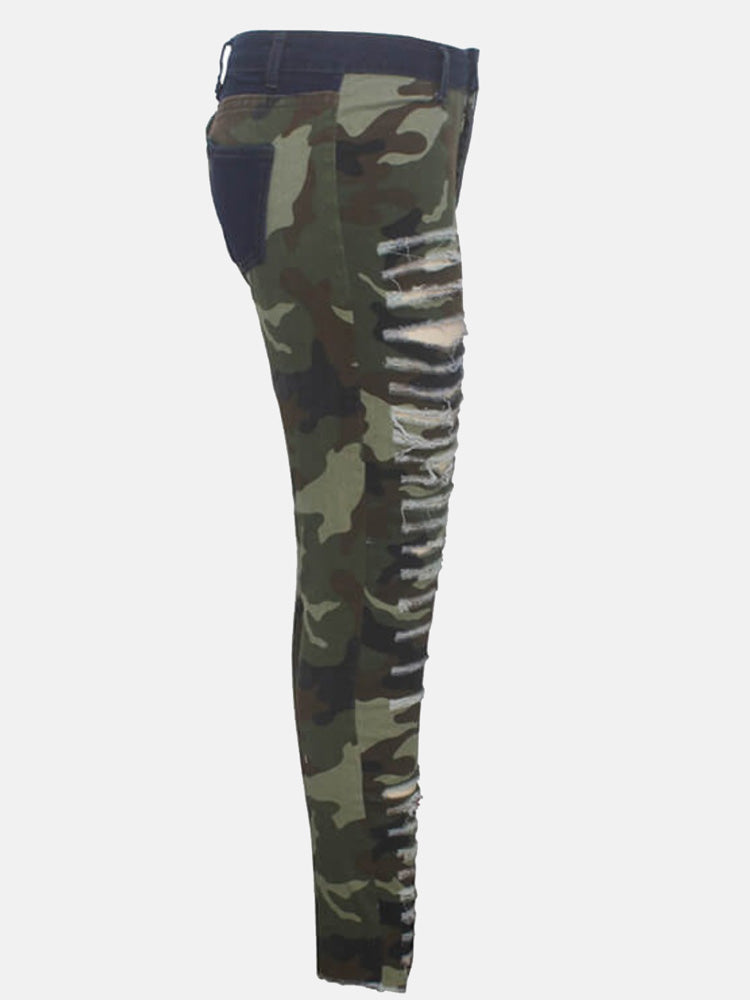 Ripped Camouflage Printed Jeans