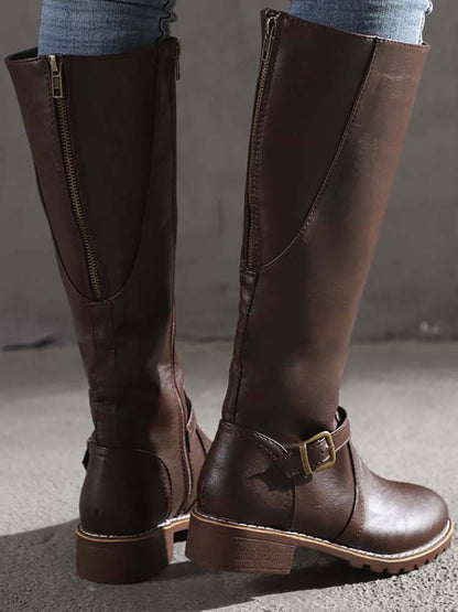 PU Round Toe Knee High Boots