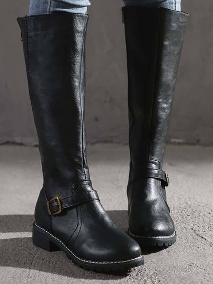 PU Round Toe Knee High Boots