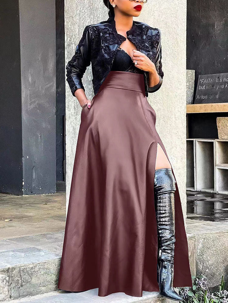 Vintage Leather Side Split Maxi Skirt