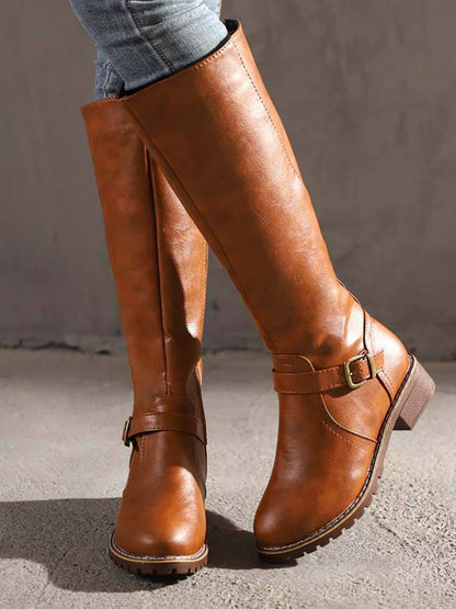 PU Round Toe Knee High Boots