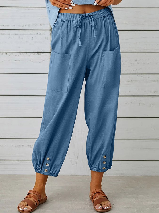 Women's Solid Color Casual With Pocket Buttons Cotton Linen Trousers