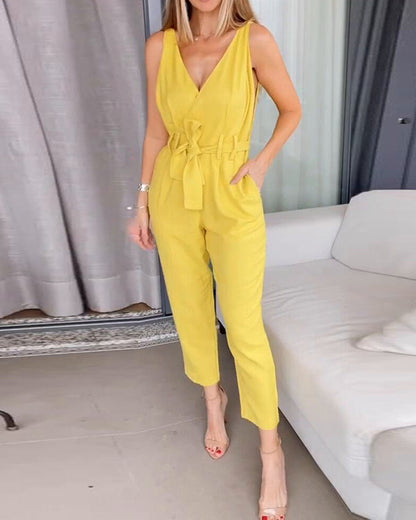 Solid Color Tie V Neck Loose Jumpsuit