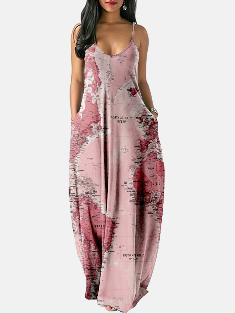 Casual Map Print Spaghetti Strap Maxi Dress