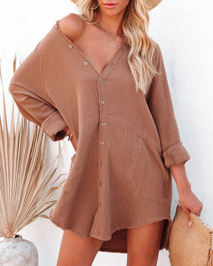 Loose Mid-length Jacket Casual Solid Color Shirt Mini Dress