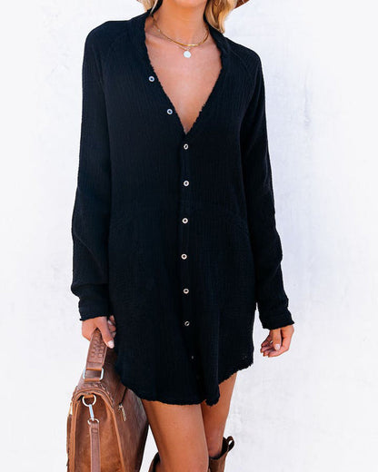 Loose Mid-length Jacket Casual Solid Color Shirt Mini Dress