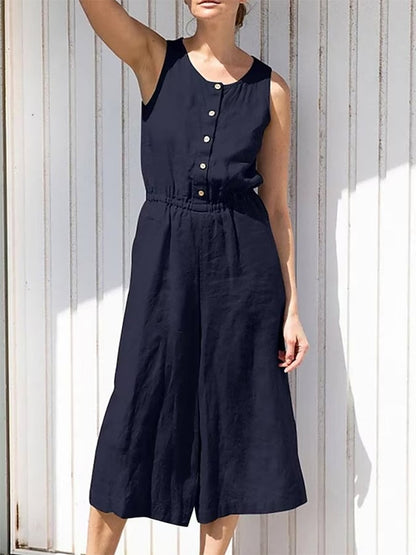 Women's Sleeveless Solid Button Elastic Waist Cotton Linen Wide Leg Jumpsuit