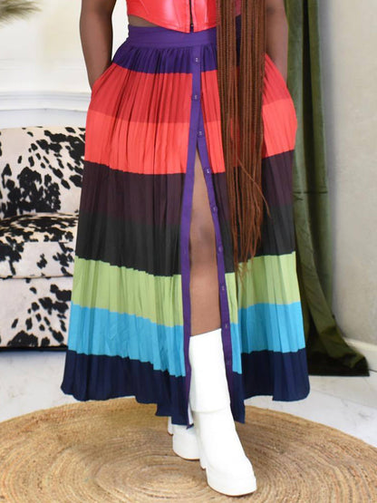 Colorblock Button Pleated Maxi Skirt